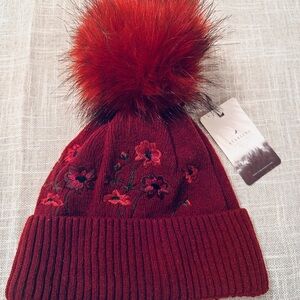 Embroidered Burgundy Beanie with Pom Pom